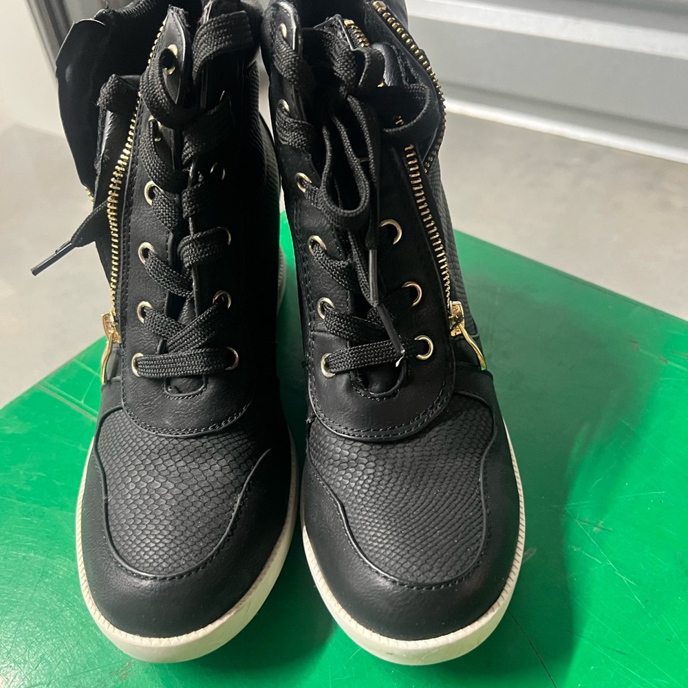JustFab Black Lace Up Boots with Gold Accents
